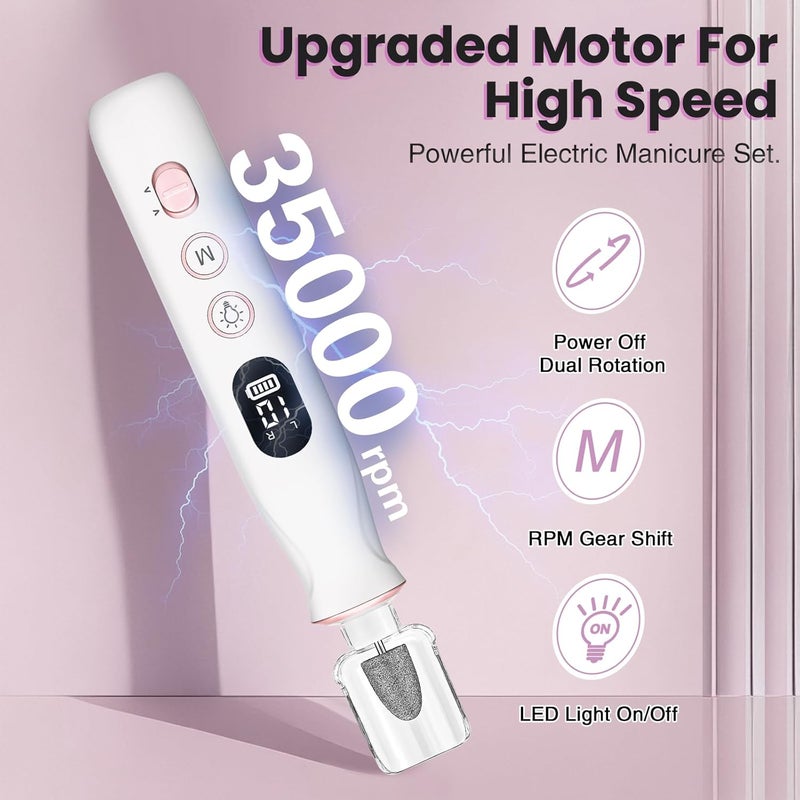 VFD Electric Nail Drill, Cordless 2000 mAh Rechargeable Portable Nail File 12 in 1 Kit for Thick Toenails, 10 Speeds Nail Dril Machine Professional Manicure Pedicure for Hand Natural Nails Care (White) - Image 4